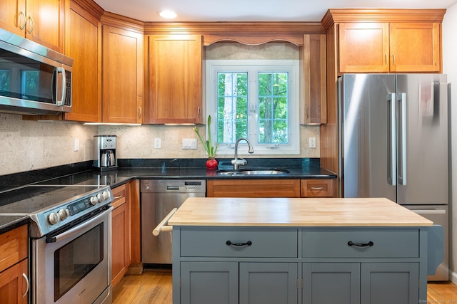 39 Aspen Mill Rd, Ridgefield, CT 06877 - kitchen with appliances with stainless steel finishes, butcher block counters, decorative backsplash, and light wood-style floors