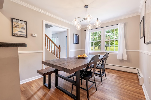 39 Aspen Mill Rd, Ridgefield, CT 06877 - dining space with light wood-style floors, stairway, crown molding, a chandelier, and baseboard heating