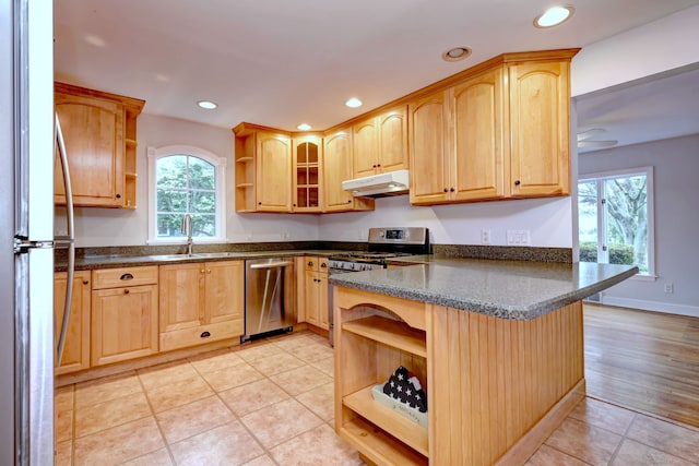 30 Birch St, Stratford, CT 06615 - kitchen with open shelves, stainless steel appliances, under cabinet range hood, a peninsula, and recessed lighting