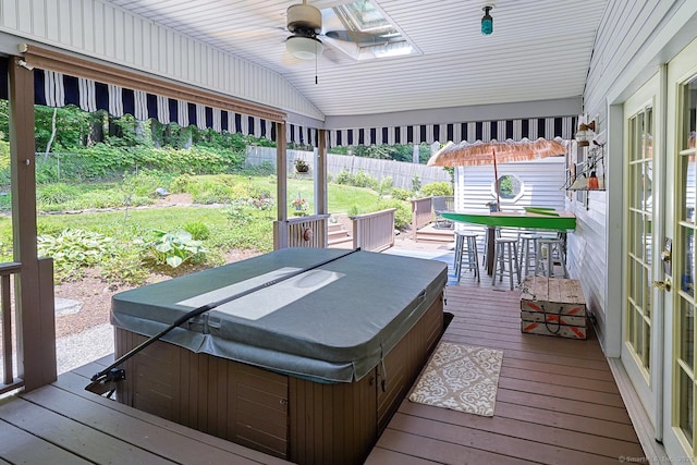 47 Little Bungee Hill Rd, Woodstock, CT 06282 - wooden deck with a hot tub, outdoor dining area, ceiling fan, and a fenced backyard