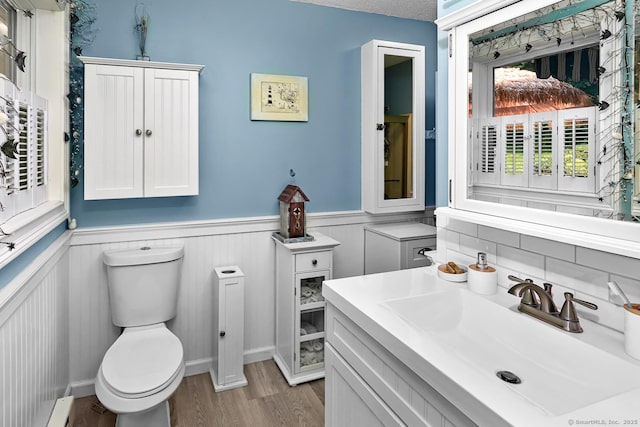 47 Little Bungee Hill Rd, Woodstock, CT 06282 - bathroom with a wainscoted wall, wood finished floors, vanity, and a baseboard radiator