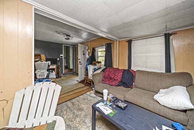 42 Goodwin St, Torrington, CT 06790 - carpeted living area featuring wood walls