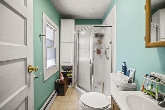 42 Goodwin St, Torrington, CT 06790 - bathroom with baseboard heating, a stall shower, and vanity