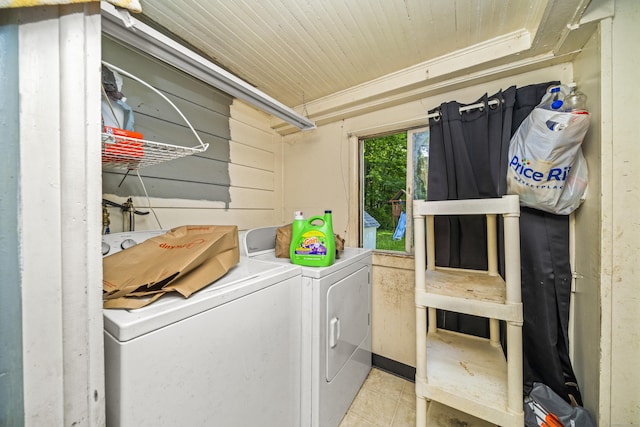 42 Goodwin St, Torrington, CT 06790 - laundry area with washing machine and clothes dryer, tile patterned floors, and wooden ceiling