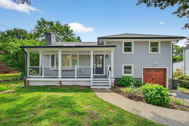 3481 Park Ave, Fairfield, CT 06825 - tri-level home featuring covered porch, a chimney, a front yard, an attached garage, and driveway