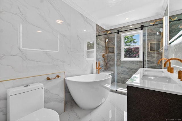 3481 Park Ave, Fairfield, CT 06825 - full bathroom featuring marble tiled flooring, ornamental molding, tile walls, double vanity, and a marble finish shower