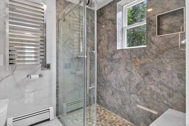 3481 Park Ave, Fairfield, CT 06825 - full bathroom with radiator, baseboard heating, a shower stall, and ornamental molding