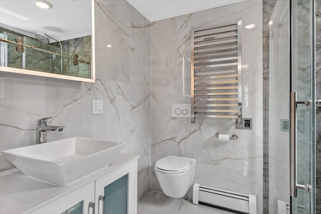 3481 Park Ave, Fairfield, CT 06825 - full bath featuring a baseboard heating unit, radiator, tile walls, vanity, and a stall shower