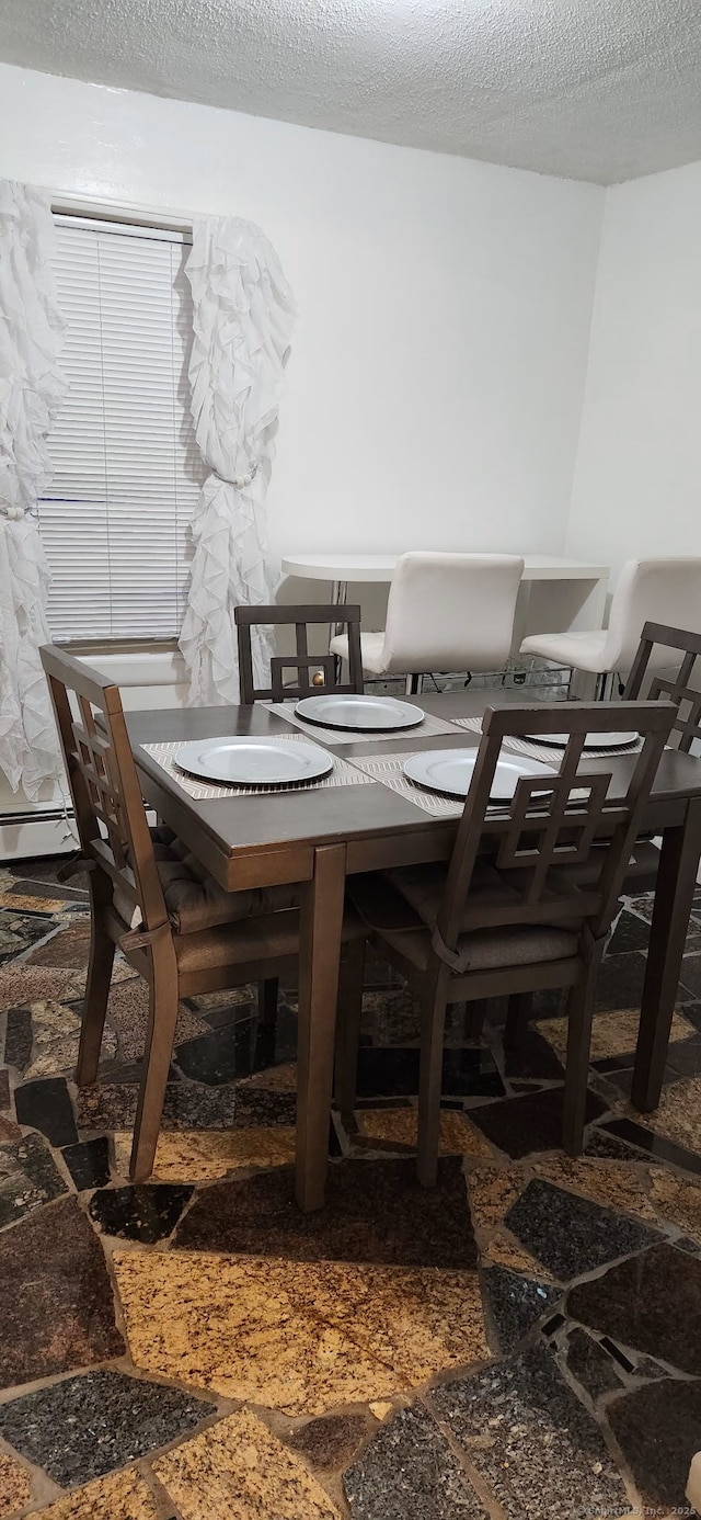 dining room with stone flooring, a baseboard radiator, and a textured ceiling