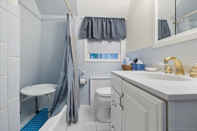 12 Deacon Hill Rd, Stamford, CT 06905 - full bath featuring tile walls, tile patterned flooring, vanity, and shower / bathtub combination with curtain