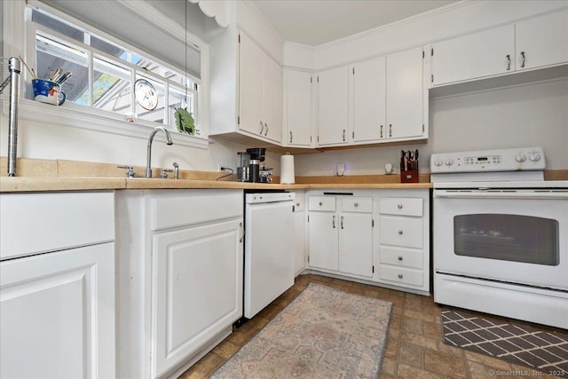 12 Deacon Hill Rd, Stamford, CT 06905 - kitchen with white appliances, stone finish floors, white cabinetry, light countertops, and crown molding
