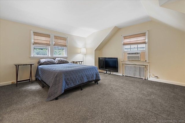 12 Deacon Hill Rd, Stamford, CT 06905 - bedroom featuring radiator heating unit, cooling unit, vaulted ceiling, multiple windows, and carpet floors