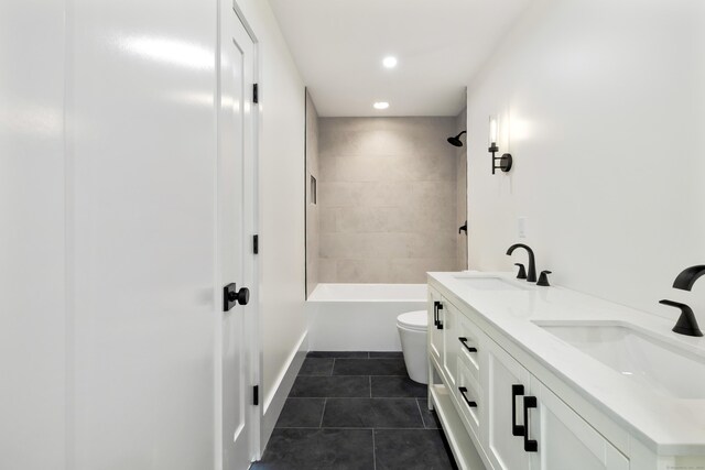 1846 Mill Plain Rd, Fairfield, CT 06824 - bathroom featuring tile patterned floors,  shower combination, double vanity, and recessed lighting