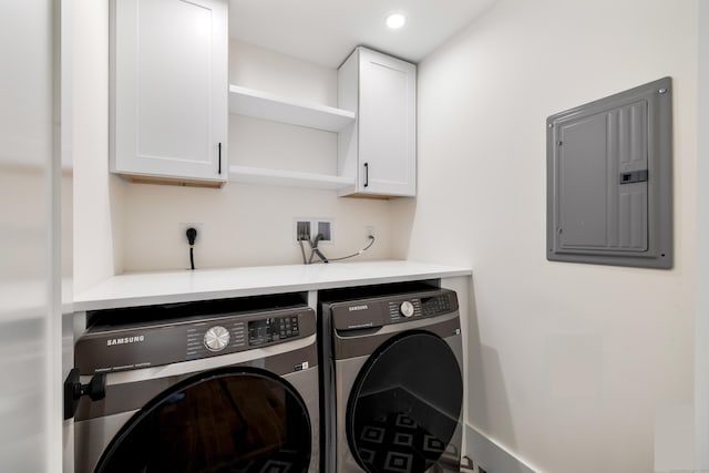 1846 Mill Plain Rd, Fairfield, CT 06824 - washroom with cabinet space, washing machine and dryer, electric panel, and recessed lighting