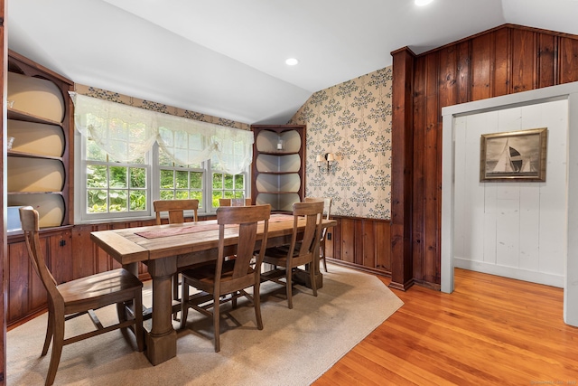 45 Lake Dr S, New Fairfield, CT 06812 - dining room featuring lofted ceiling, light wood-type flooring, wallpapered walls, and recessed lighting