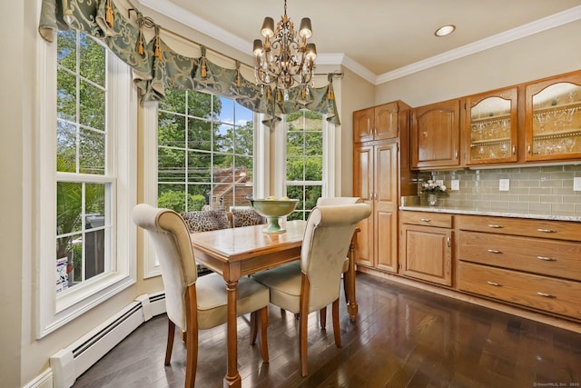 40 Pumpkin Ground Rd, Stratford, CT 06614 - dining room featuring a baseboard heating unit, a chandelier, crown molding, dark wood finished floors, and recessed lighting
