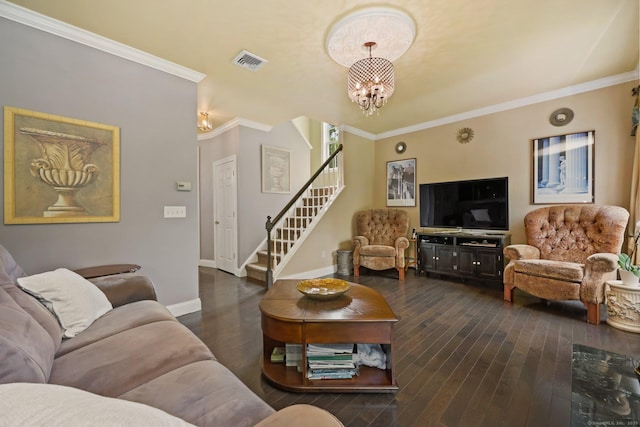 40 Pumpkin Ground Rd, Stratford, CT 06614 - living area featuring dark wood-style floors, stairs, crown molding, and a chandelier