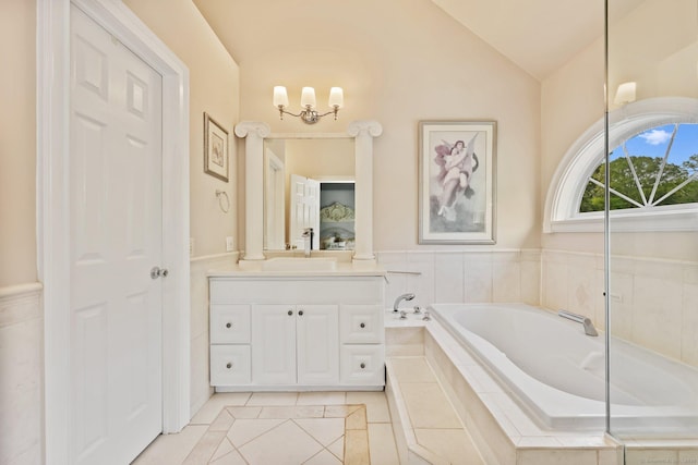 40 Pumpkin Ground Rd, Stratford, CT 06614 - full bathroom featuring tile patterned floors, vanity, a bath, lofted ceiling, and a chandelier