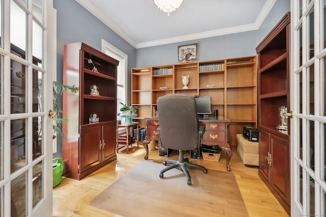 40 Pumpkin Ground Rd, Stratford, CT 06614 - office area with ornamental molding, french doors, light wood-style floors, and a chandelier