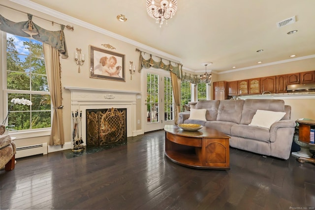 40 Pumpkin Ground Rd, Stratford, CT 06614 - living area featuring a chandelier, a baseboard radiator, plenty of natural light, hardwood / wood-style floors, and recessed lighting