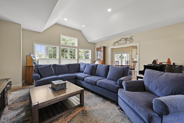 8 Amolia Farms Rd, Windsor, CT 06095 - living room featuring vaulted ceiling, wood finished floors, and recessed lighting
