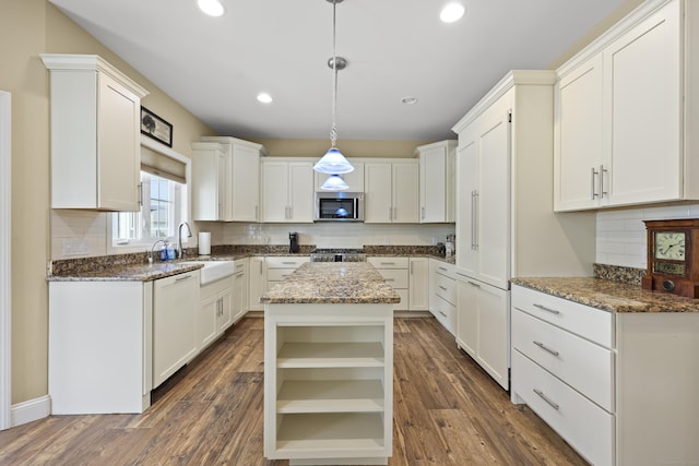 8 Amolia Farms Rd, Windsor, CT 06095 - kitchen with stainless steel appliances, backsplash, a center island, open shelves, and dark wood-type flooring