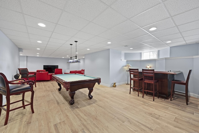 8 Amolia Farms Rd, Windsor, CT 06095 - rec room featuring a dry bar, light wood-style floors, billiards table, a drop ceiling, and recessed lighting