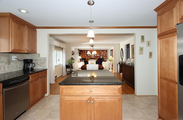 4 White Birch Dr, Guilford, CT 06437 - kitchen featuring dishwasher, a kitchen island, light tile patterned flooring, dark stone counters, and backsplash