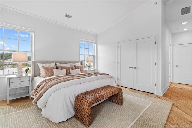60 Willow St Unit 305, Stonington, CT 06355 - bedroom with vaulted ceiling, crown molding, hardwood / wood-style floors, and a closet