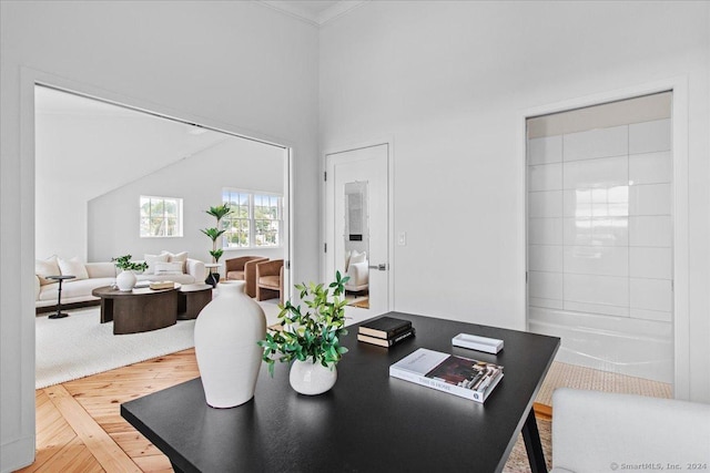 60 Willow St Unit 305, Stonington, CT 06355 - dining space featuring crown molding, a desk, and wood finished floors