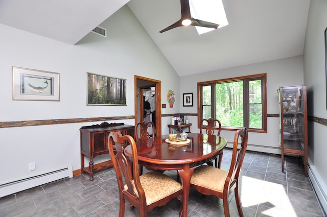 127 Weldon Ct, Goshen, CT 06756 - dining room with a baseboard heating unit, high vaulted ceiling, a skylight, and ceiling fan
