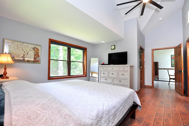 127 Weldon Ct, Goshen, CT 06756 - bedroom with dark wood-style floors, high vaulted ceiling, and a ceiling fan