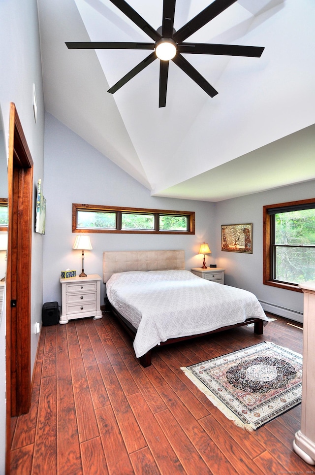 127 Weldon Ct, Goshen, CT 06756 - bedroom with wood-type flooring, lofted ceiling, a baseboard heating unit, and ceiling fan