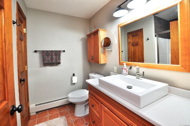 127 Weldon Ct, Goshen, CT 06756 - full bath featuring a baseboard heating unit, vanity, a shower with door, and tile patterned floors