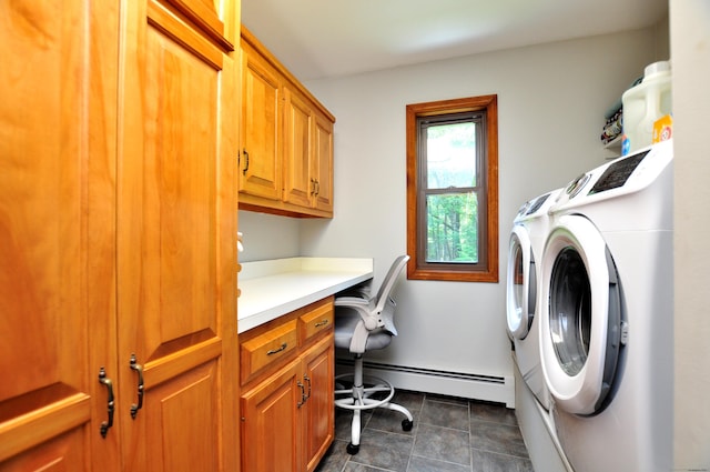 127 Weldon Ct, Goshen, CT 06756 - laundry area featuring a baseboard heating unit, cabinet space, separate washer and dryer, a desk, and dark tile patterned flooring