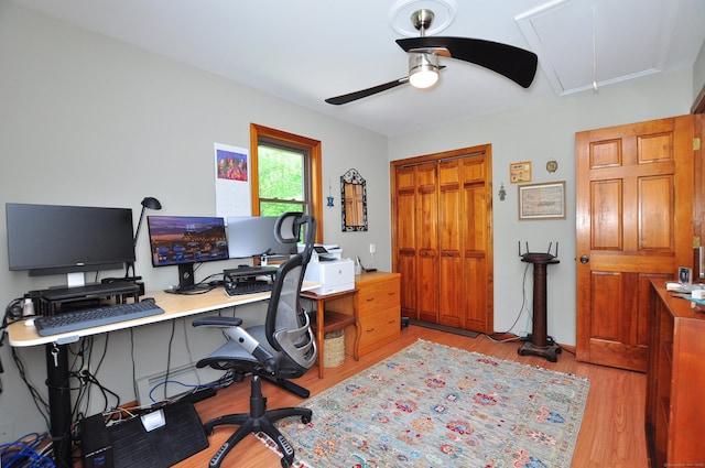 127 Weldon Ct, Goshen, CT 06756 - office area with attic access, a ceiling fan, and light wood-style flooring