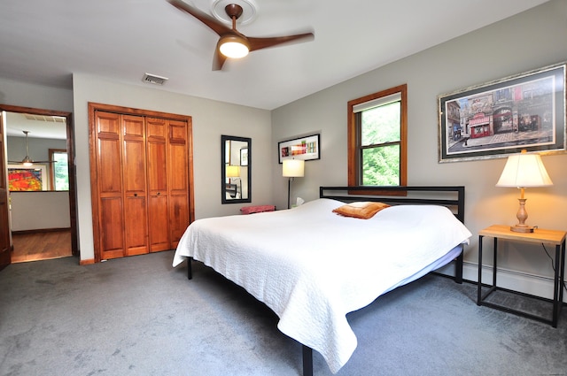 127 Weldon Ct, Goshen, CT 06756 - bedroom featuring carpet flooring, a closet, a baseboard radiator, and ceiling fan