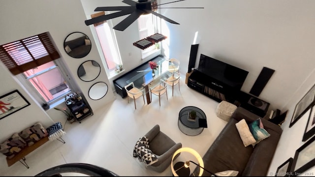 125 Washington St Apt 306, Norwalk, CT 06854 - living room with a ceiling fan and a towering ceiling