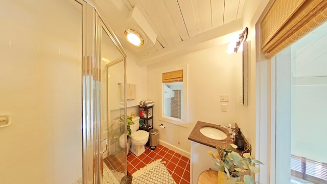 125 Washington St Apt 306, Norwalk, CT 06854 - bathroom featuring a stall shower, vanity, tile patterned flooring, and lofted ceiling