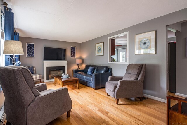 309 Russo Dr, Hamden, CT 06518 - living room with light wood-style flooring and a glass covered fireplace
