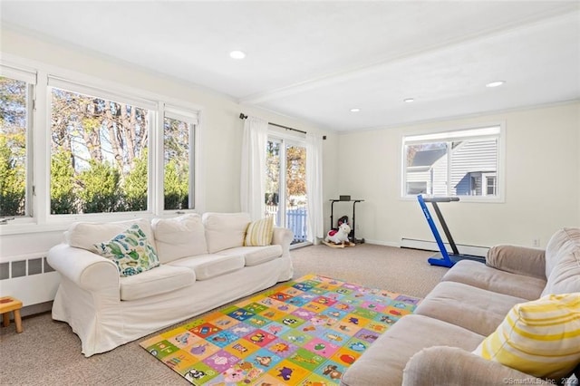 154 Mohawk Dr, West Hartford, CT 06117 - carpeted living area with a baseboard radiator, recessed lighting, and radiator