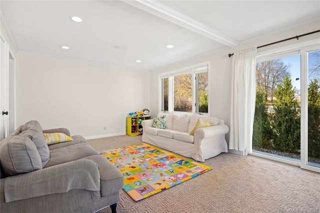 154 Mohawk Dr, West Hartford, CT 06117 - carpeted living room with healthy amount of natural light, crown molding, recessed lighting, and beamed ceiling