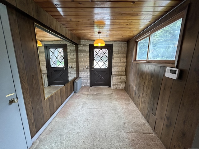 306 Divinity St, Bristol, CT 06010 - entrance foyer with wooden ceiling, light colored carpet, and wood walls