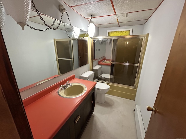 306 Divinity St, Bristol, CT 06010 - bathroom featuring a baseboard heating unit, an enclosed shower, vanity, and a drop ceiling