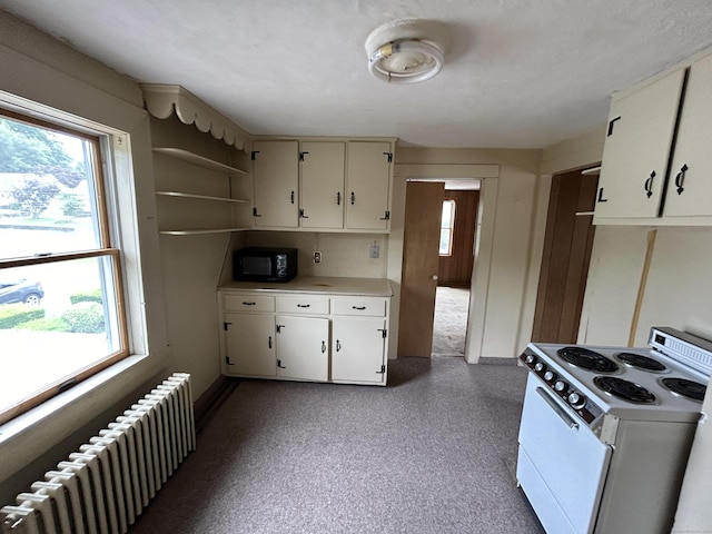 306 Divinity St, Bristol, CT 06010 - kitchen featuring electric range, radiator heating unit, black microwave, and plenty of natural light