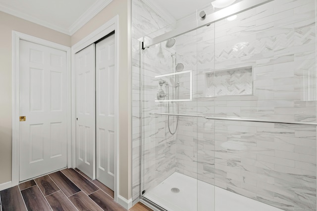 115 Remington Rd, Ridgefield, CT 06877 - full bath featuring ornamental molding, a shower stall, and wood finish floors