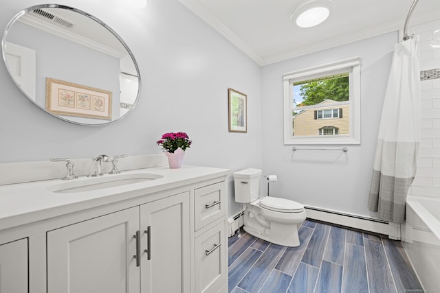 115 Remington Rd, Ridgefield, CT 06877 - full bathroom with a baseboard heating unit, crown molding, vanity, shower / tub combo, and wood finished floors