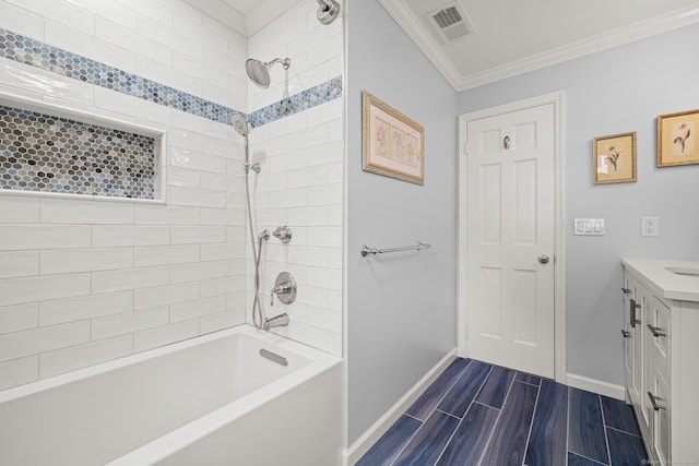 115 Remington Rd, Ridgefield, CT 06877 - full bath featuring ornamental molding, vanity, wood finish floors, and shower / bathtub combination