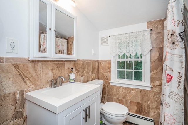 244 Stanwood Dr, New Britain, CT 06053 - full bath featuring a baseboard heating unit, tile walls, vanity, and curtained shower