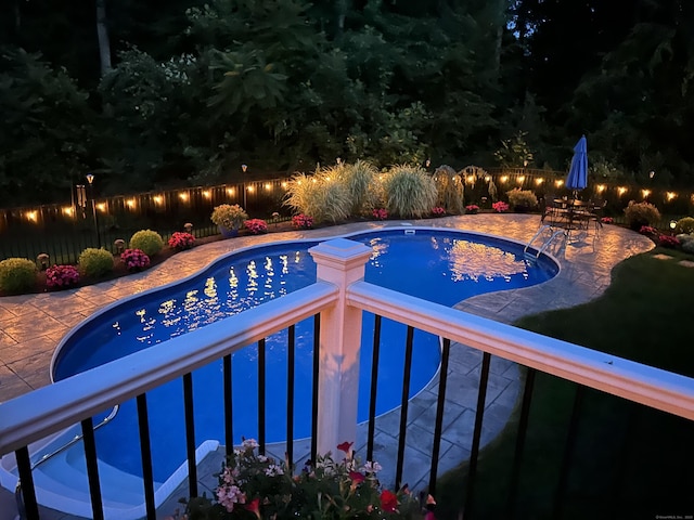 7 Forest View Dr, Newtown, CT 06482 - pool at twilight featuring a fenced backyard and a patio area